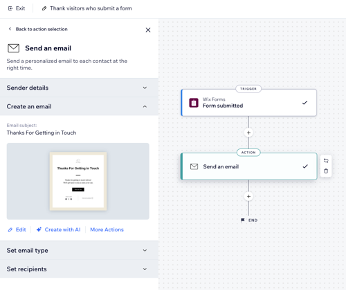 Screenshot of automations builder with a flow to send an automated email