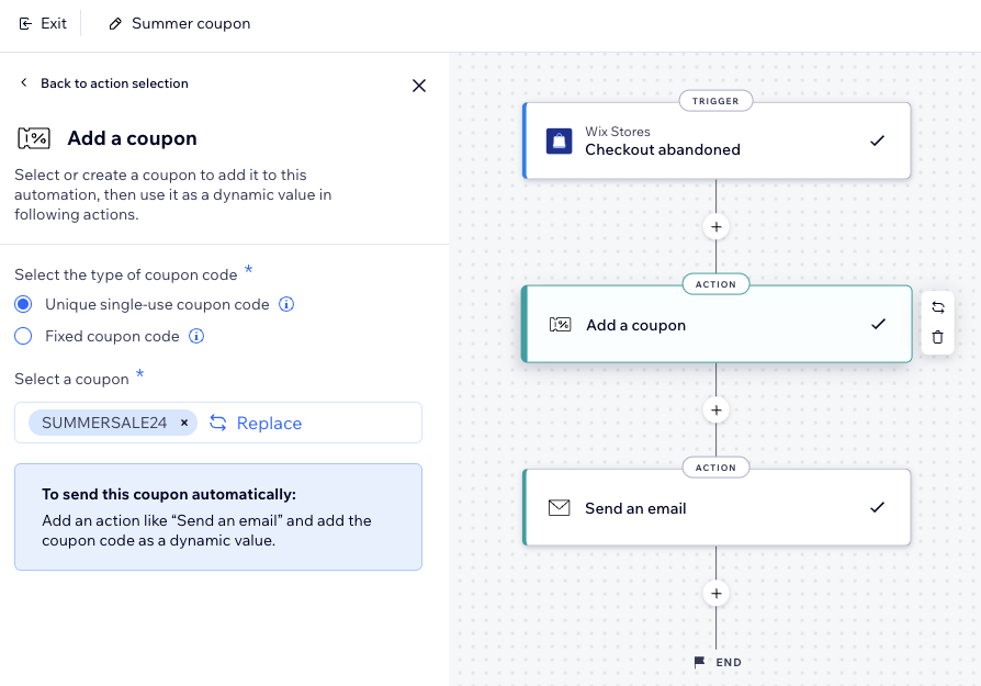 Screenshot of configuration panel for add a coupon action.