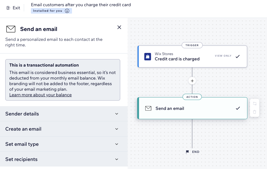 Screenshot van een zakelijke transactionele e-mail die niet is opgenomen in het maandelijkse quotum.