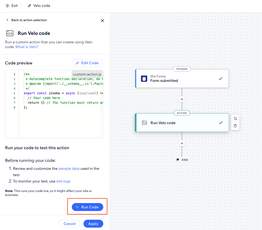 screenshot of an automation flow with Run Velo Code action and side panel open to configure it.