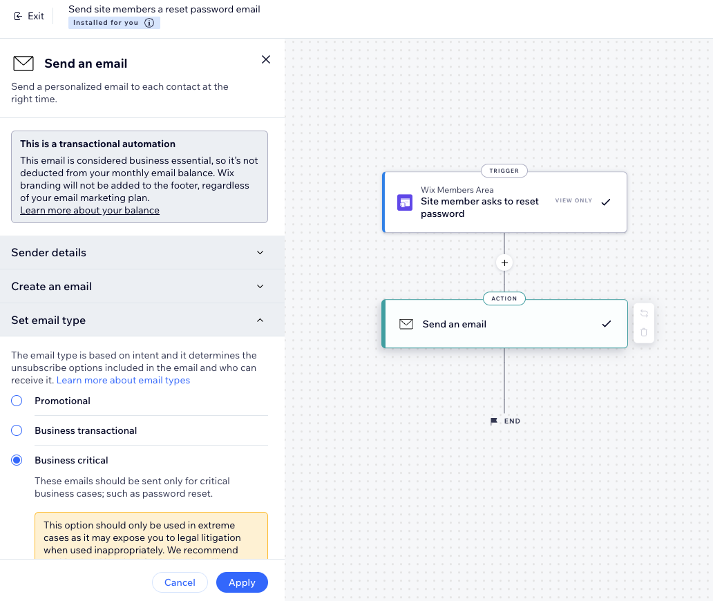 Screenshot of business critical email type in an automation installed for you.