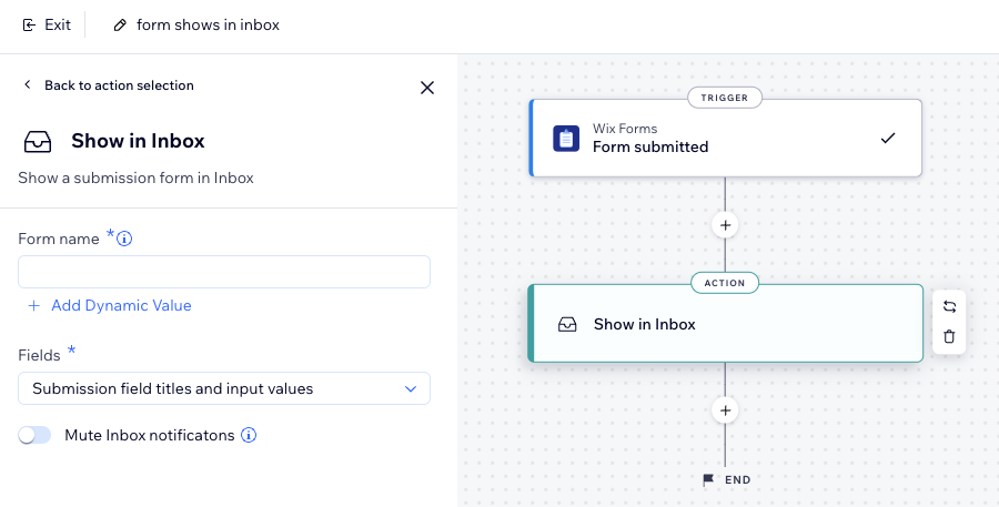 Screenshot of wix automations trigger options with show in inbox highlighted.