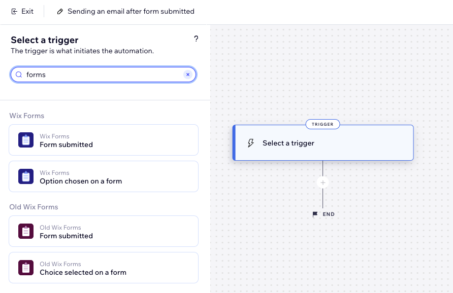 Screenshot of trigger panel options for forms.