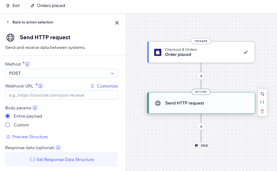 Screenshot der Konfiguration der Aktion „HTTP-Anfrage senden“.