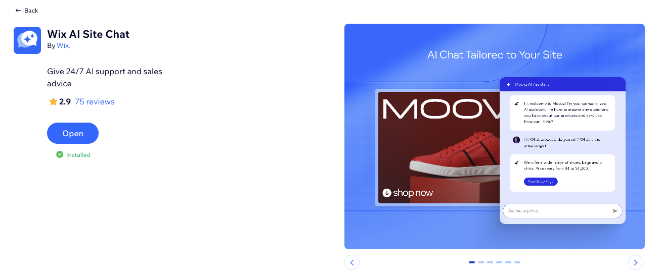 Uma captura de tela do chat de site com IA no App Market, com o cursor passando sobre o botão Adicionar ao site.