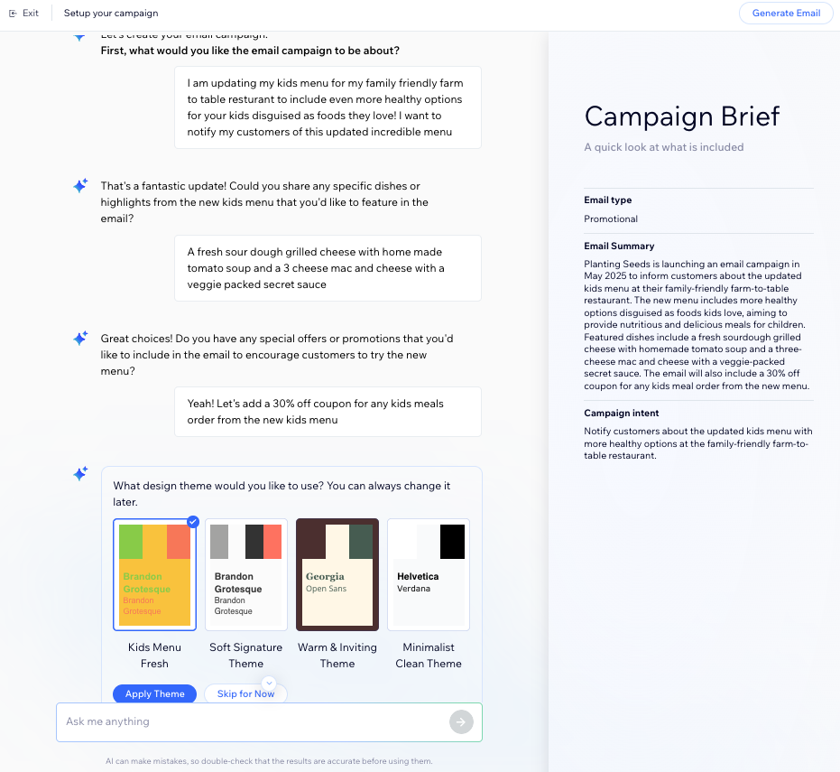 A screenshot of a conversation with the AI assistant when creating an email summary