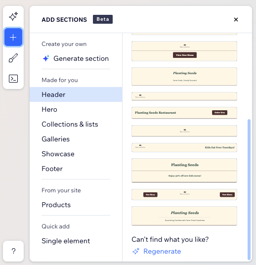 Screenshot of the add sections panel within the email marketing composer.