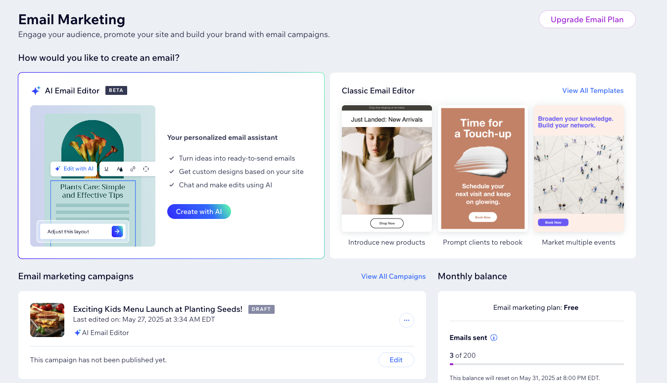 A screenshot of the email marketing dashboard showing the generate ai email template.