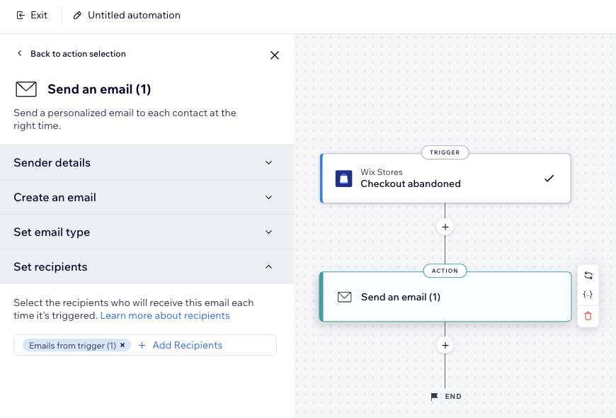 Screenshot del Builder delle automazioni, con le impostazioni dei destinatari