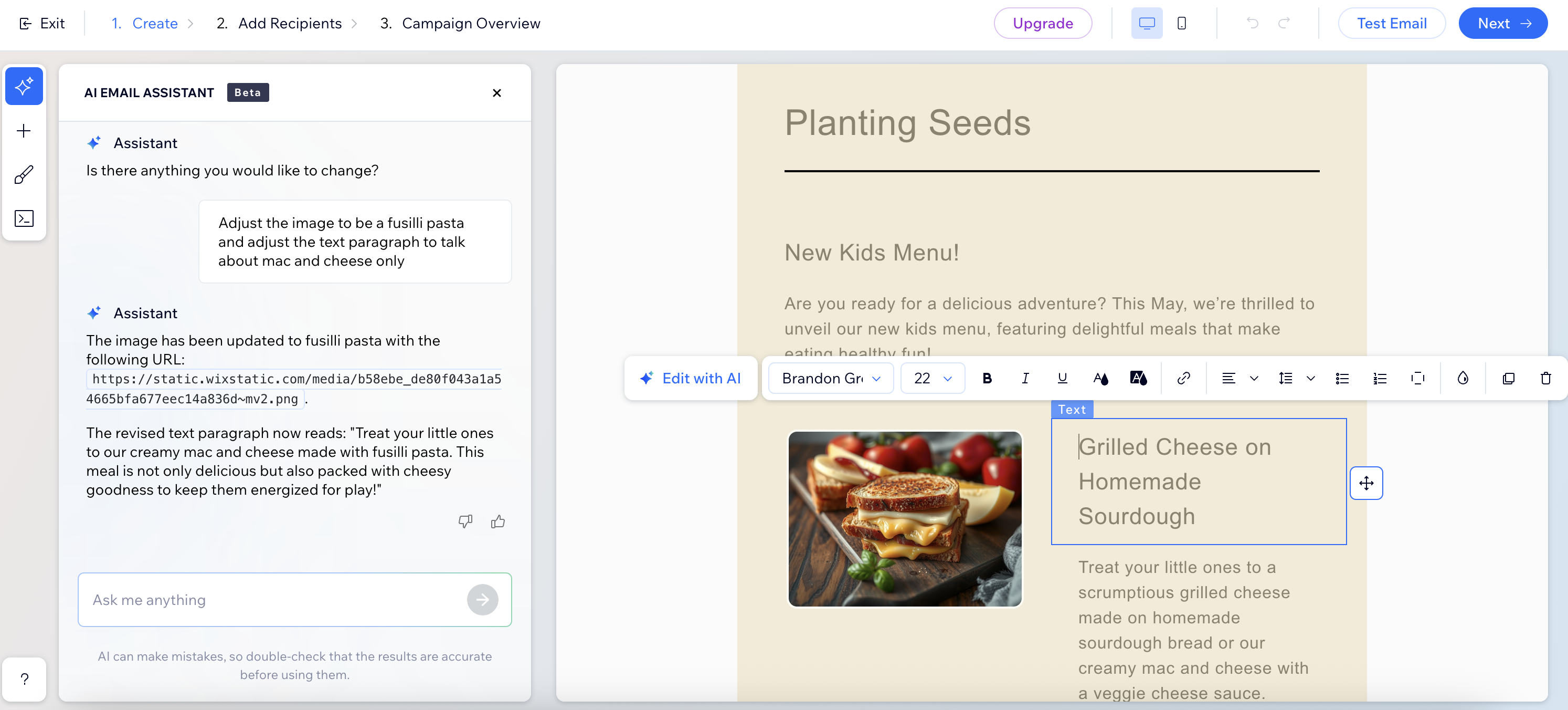 Screenshot of the edit options of a text element.