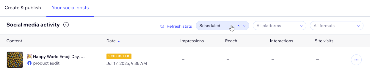 Screenshot della pagina Attività social media in cui Scheduled (Programmato) è selezionato nel menu dei filtri