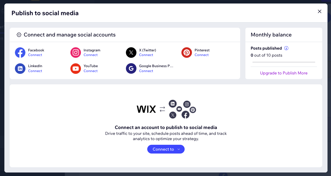 Screenshot of how to connect a social media account