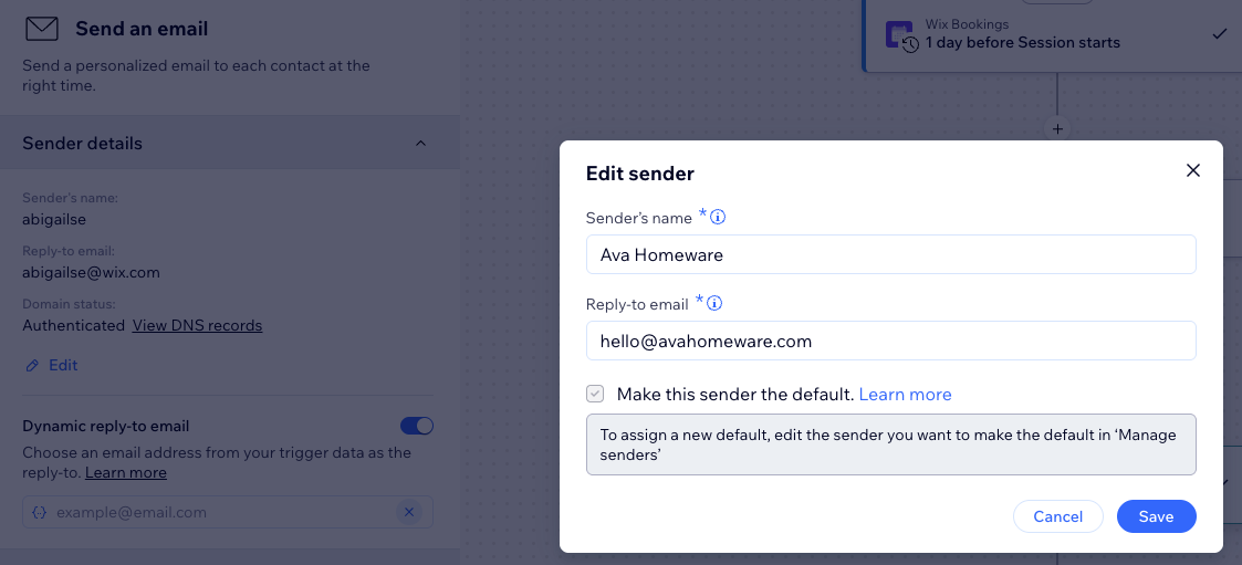 Screenshot of window to edit email sender details.
