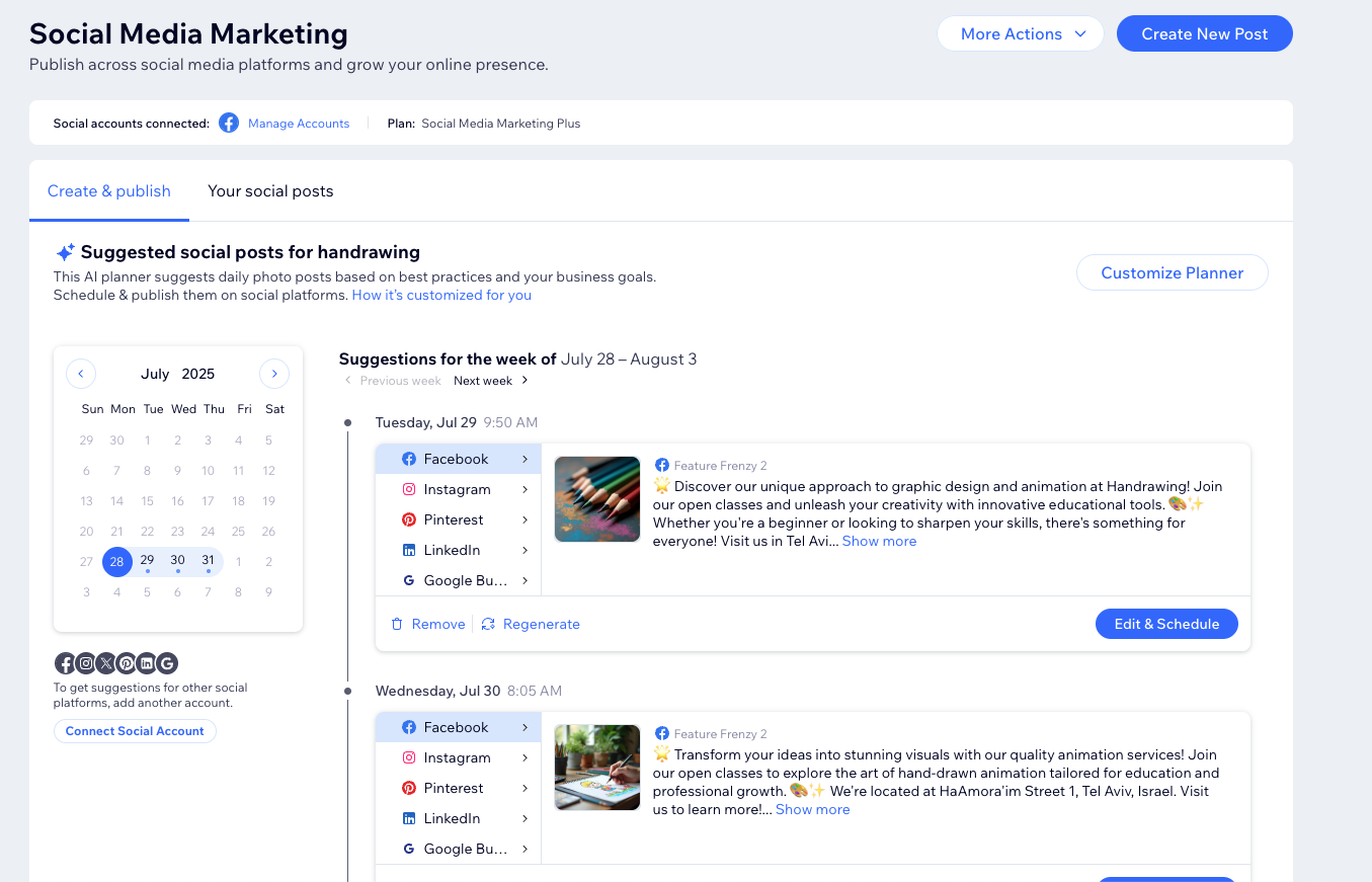 Captura de pantalla que muestra el panel de control de Marketing en redes sociales.
