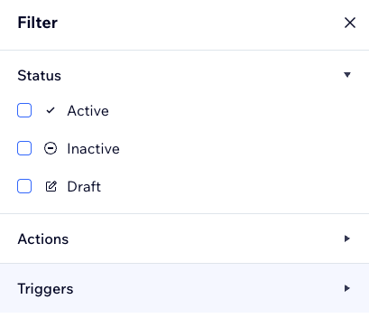 Een screenshot van de filters die je aan je automatiseringenlijst kunt toevoegen.