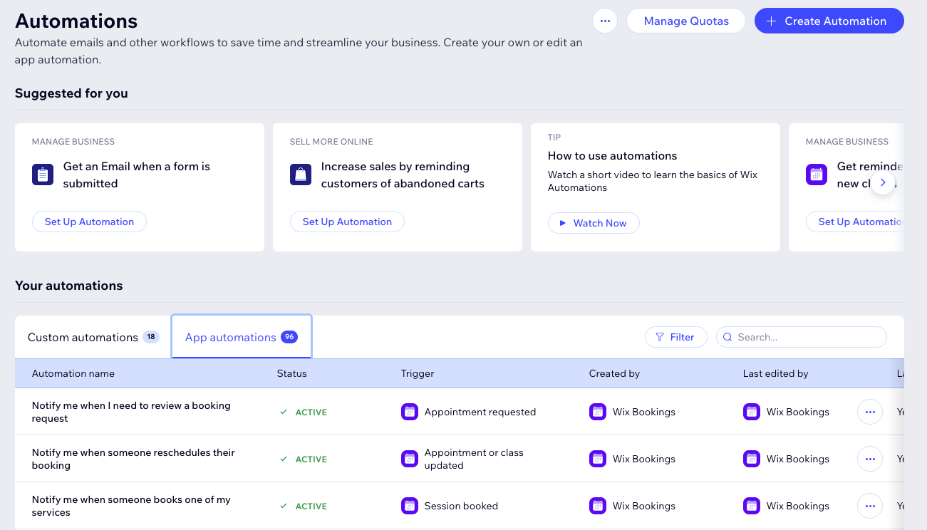 Screenshot of automations dashboard that show App automations tab open.