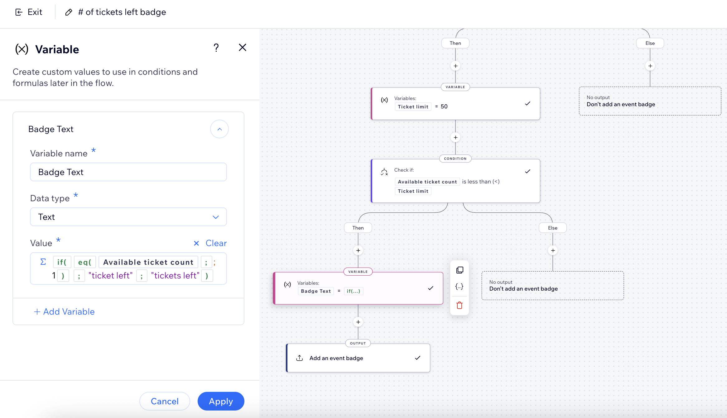 Screenshot of the variable configuration set up.