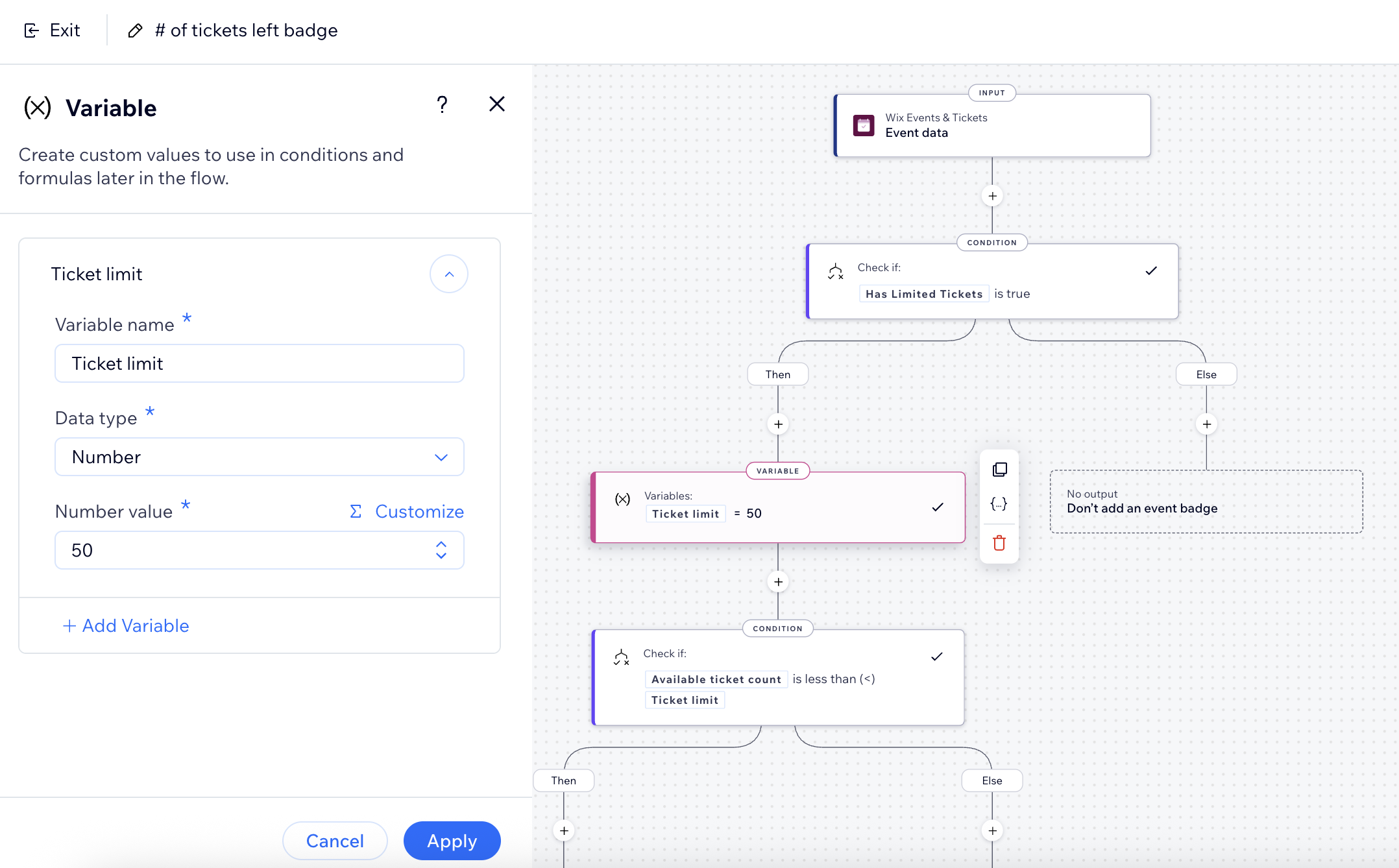 Screenshot of the variable configuration set up.