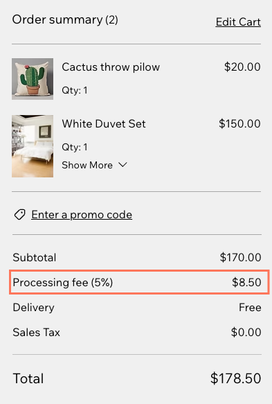 Screenshot of how the subtotal appears to customers.