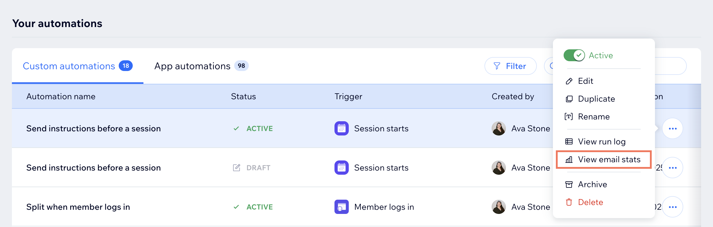 A screenshot of the managing automations options highlighting view email statistics.