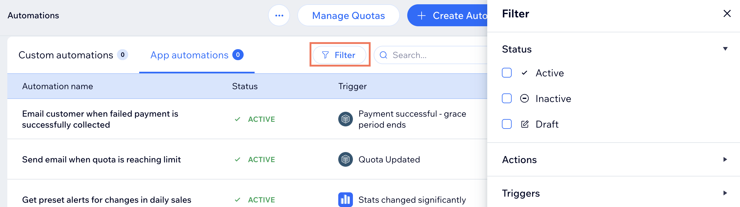 A screenshot of the filters you can add to your automations list.