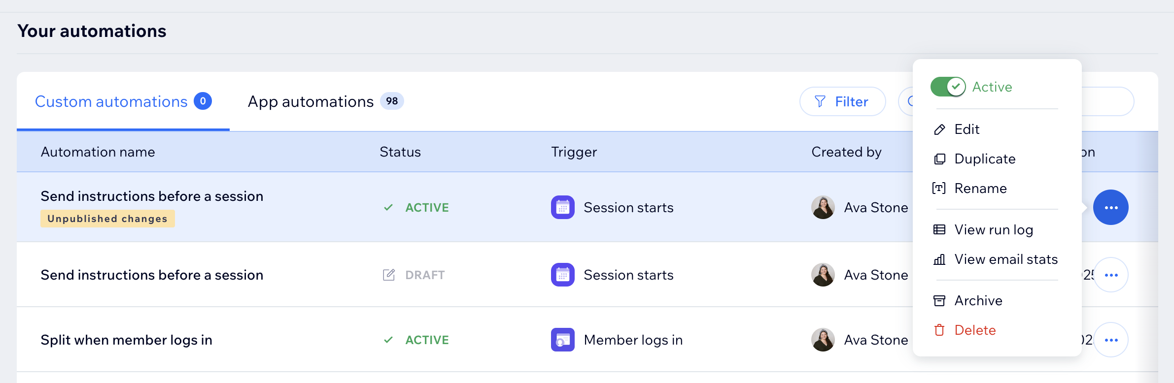 A screenshot of the managing automations options.