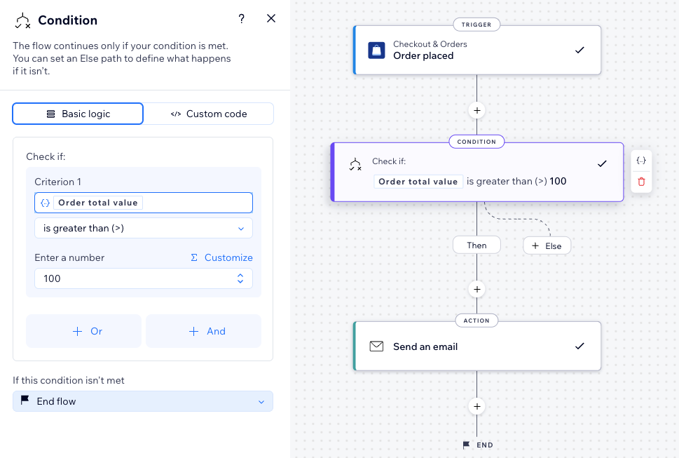 Screenshot of an automation flow and open condition panel.