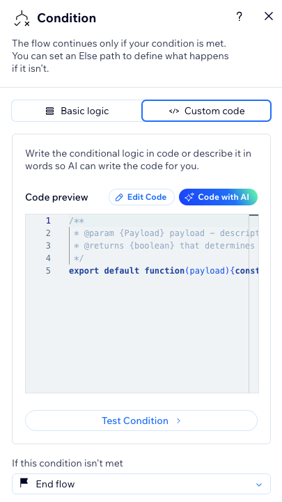 Custom code tab in conditions