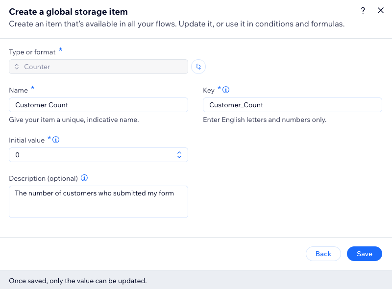 Global depolama ögesi oluşturmaya yönelik pop up penceresinin ekran görüntüsü.