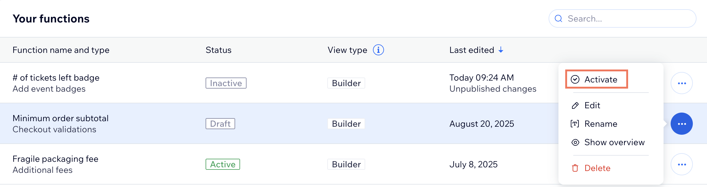 A screenshot of the functions dashboard and active