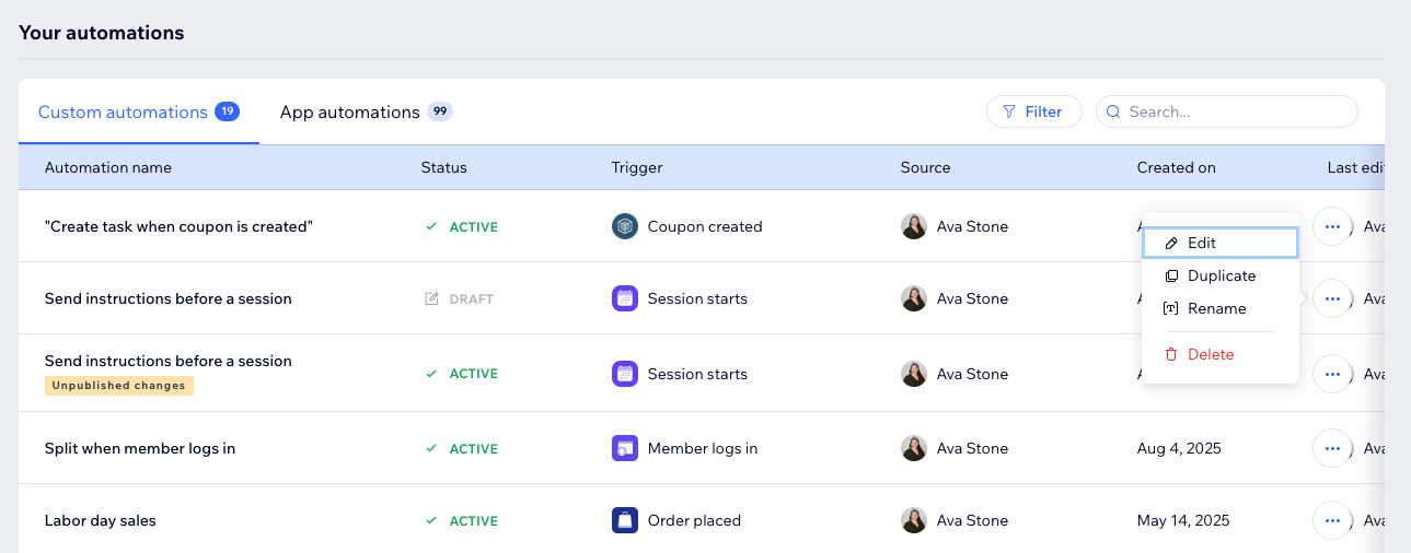 Screenshot of automation dashboard and the more actions on an individual automation.