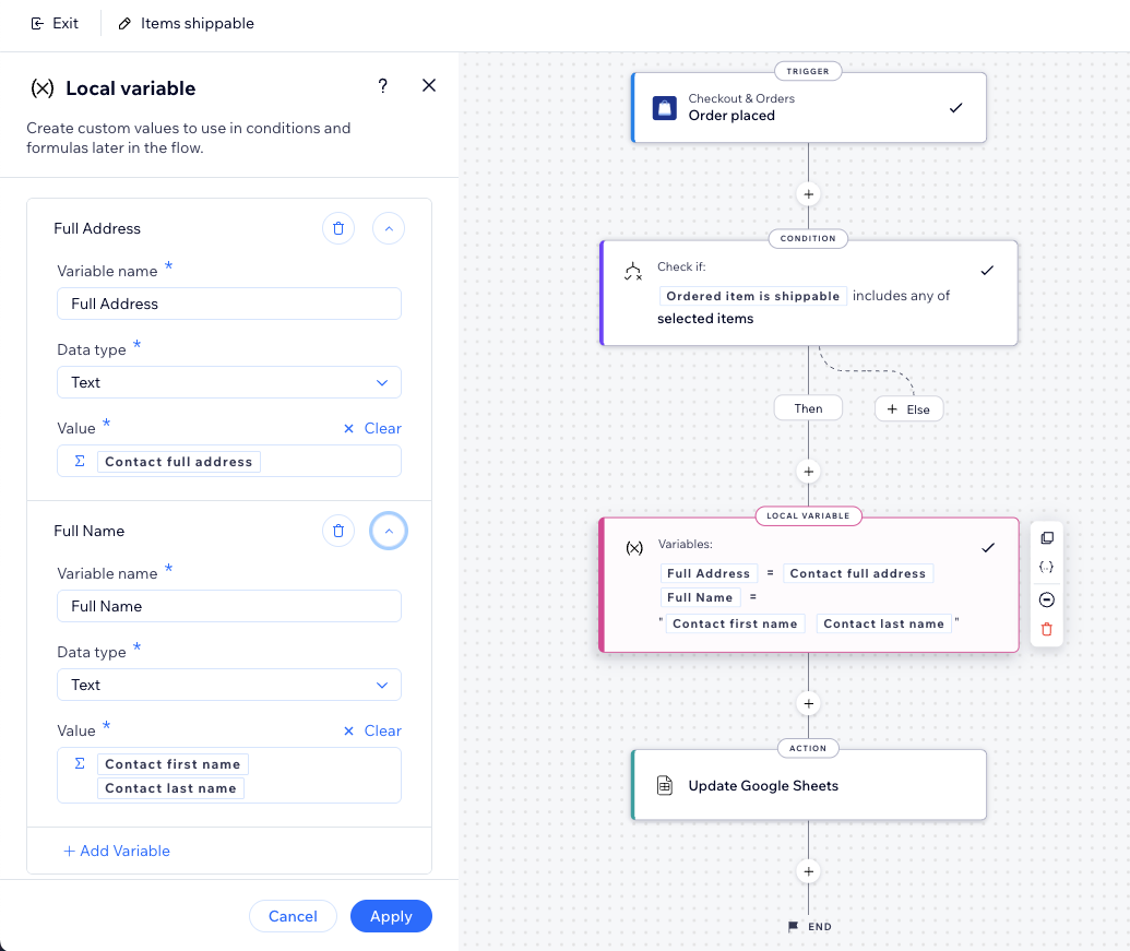 Değişkenlerin kullanıldığı bir otomasyon akışına ilişkin ekran görüntüsü.