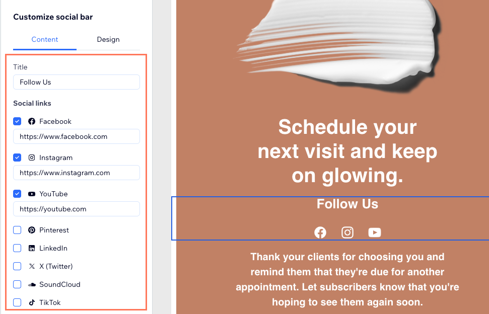 A screenshot of the social bar content settings.