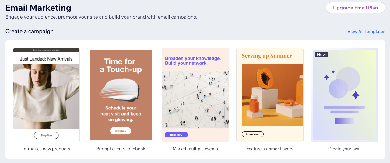 Screenshot of the Wix dashboard on the Email marketing page. Email templates are shown.