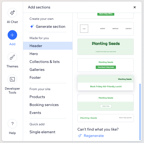 Screenshot of the add sections panel within the email marketing composer.