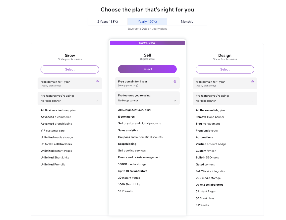 Screenshot of the available plans in hopp
