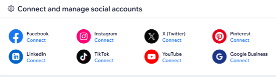 Een screenshot van de social media-platforms die beschikbaar zijn om social media-inhoud te plaatsen.