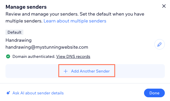 Uma captura de tela mostrando a opção Adicionar outro remetente na seção Gerenciar remetentes do painel de controle de email marketing.