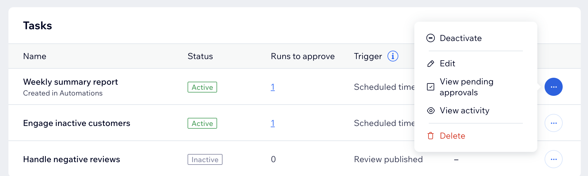 Screenshot of more actions in the custom agent task table