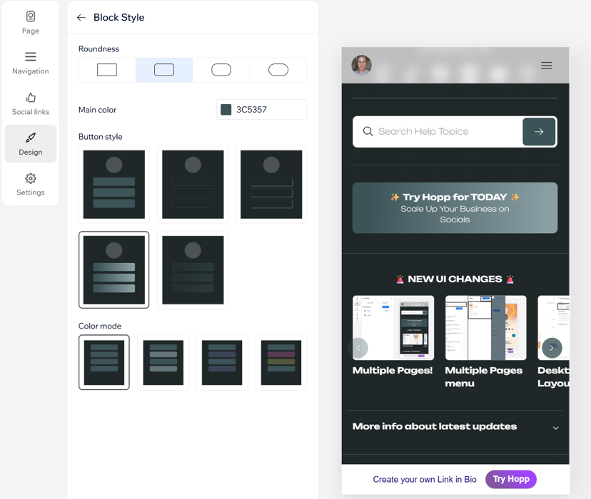 Opzioni di design dello stile tasto di Hopp