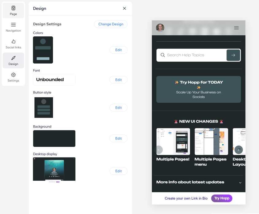 Opzioni di design di Hopp