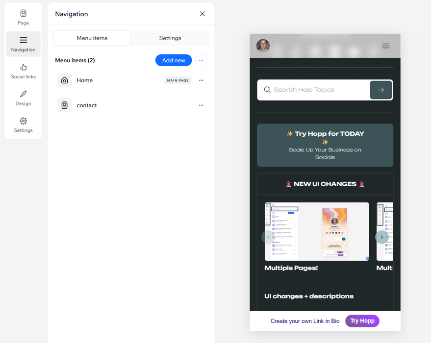 Pannello delle impostazioni di navigazione di Hopp