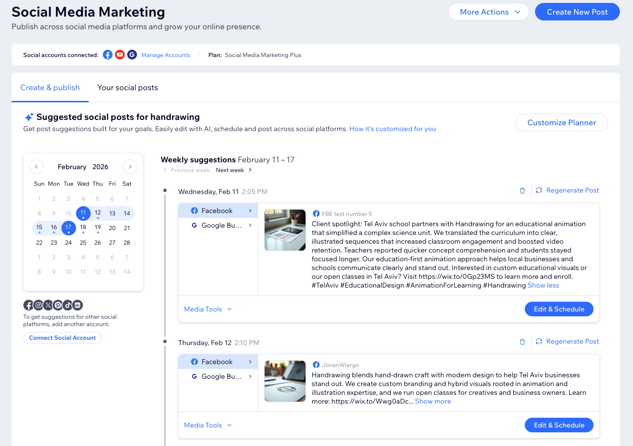 Screenshot of the social media marketing dashboard.