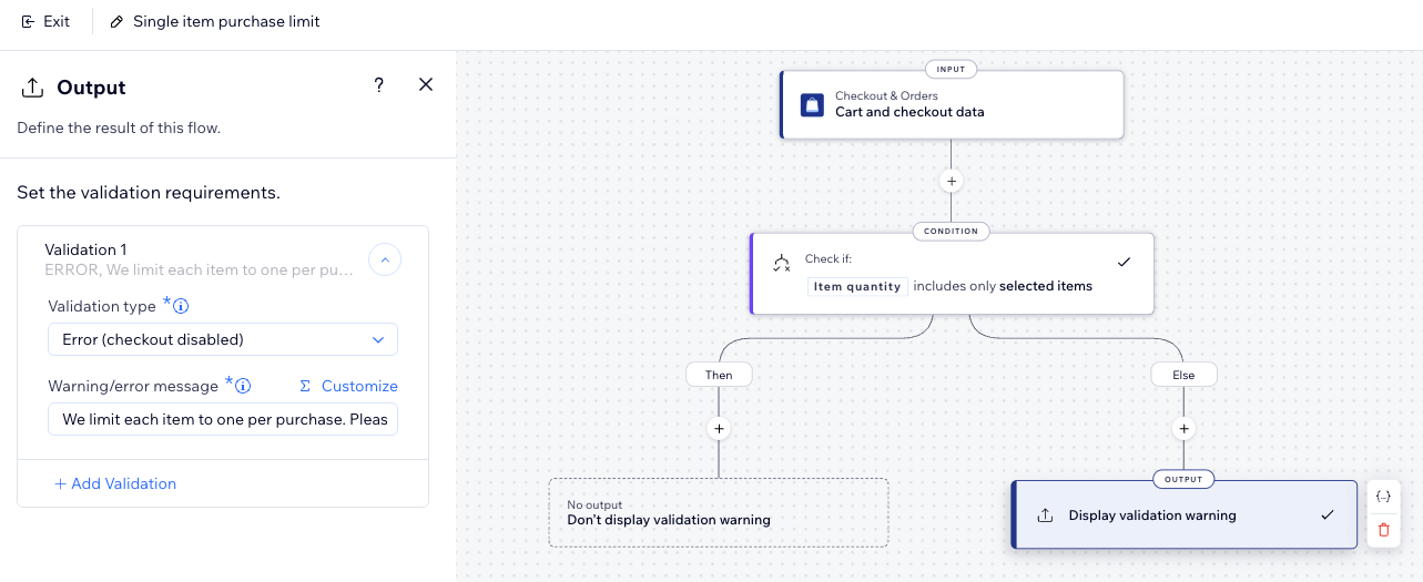 Screenshot of the output settings in a single item purchase limit validation