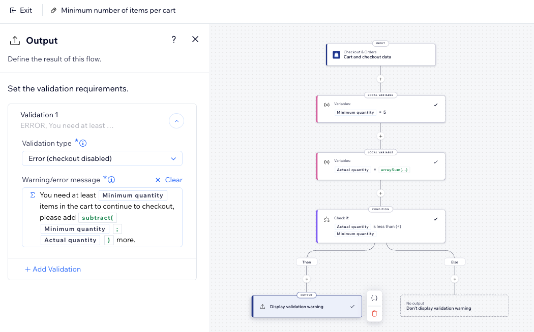Screenshot of the function builder building a minimum number of items per cart checkout validation.