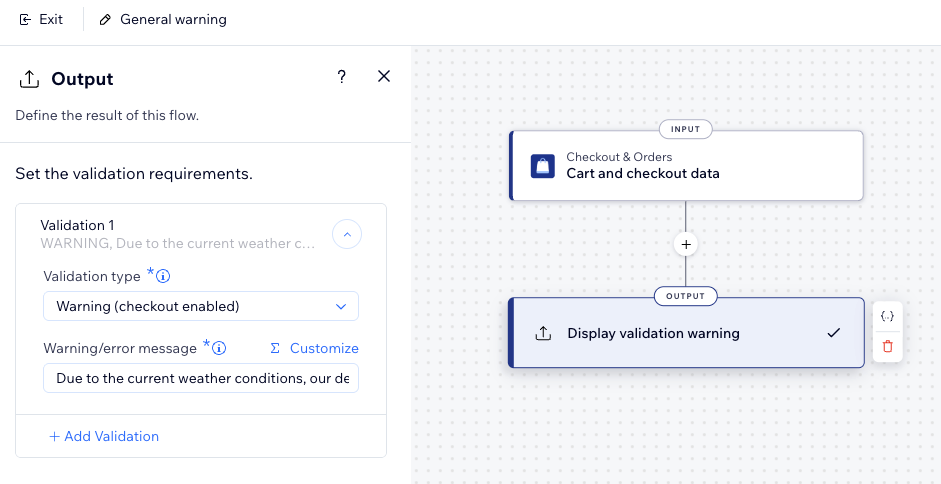Screenshot of a general warning checkout validation in the functions builder