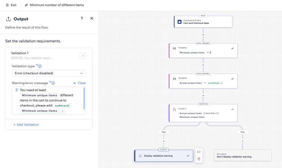 Screenshot of the function builder building a minimum number of different items checkout validation.
