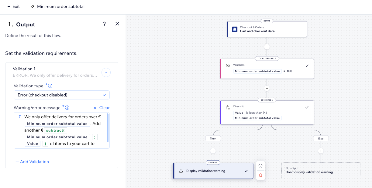 Screenshot of the function builder building a minimum order subtotal checkout validation.