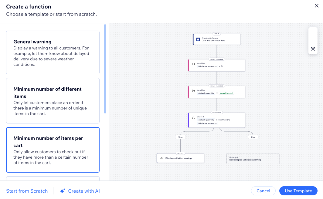 Screenshot of the checkout validation template options.