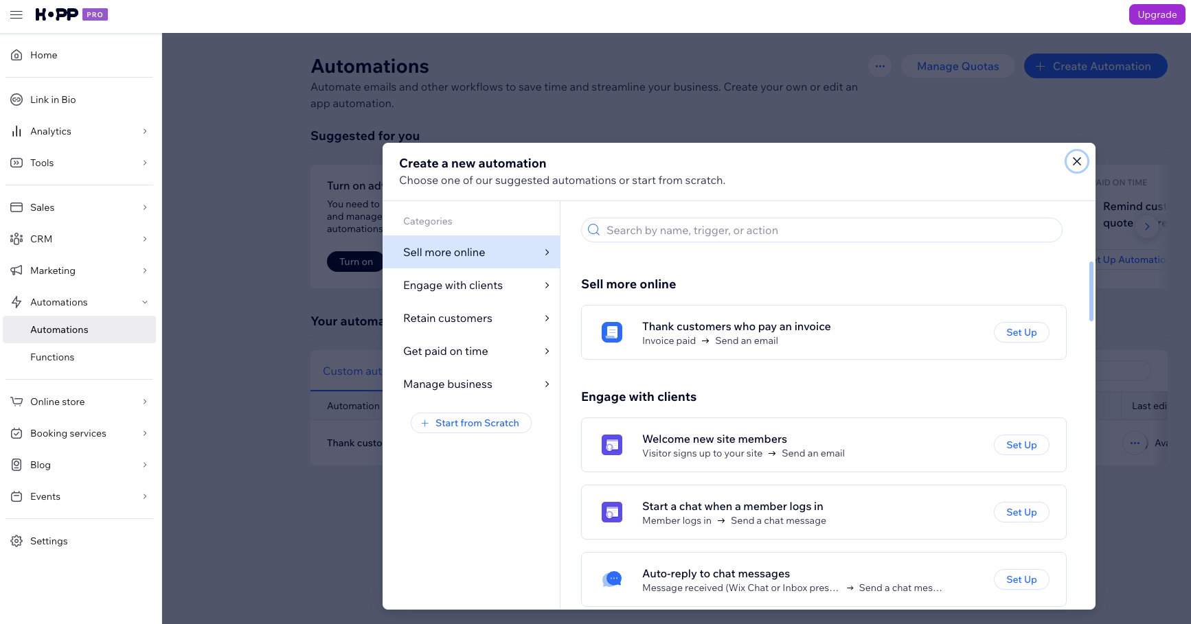 Screenshot of the automation set up settings in the hopp dashboard
